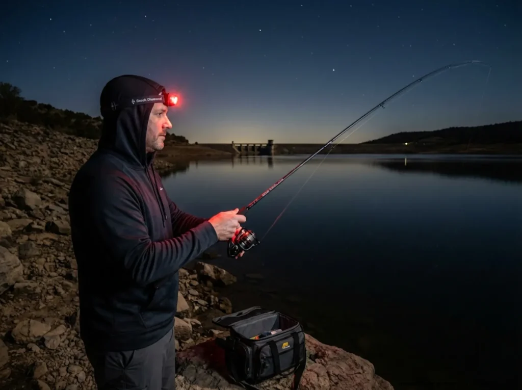 Shore angler casting a bottom rig for wipers at night on a reservoir bank with a red headlamp
