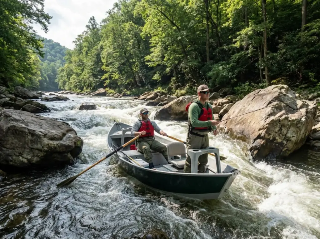 Drift boat navigating fast water of the Nolichucky River in East Tennessee mountains