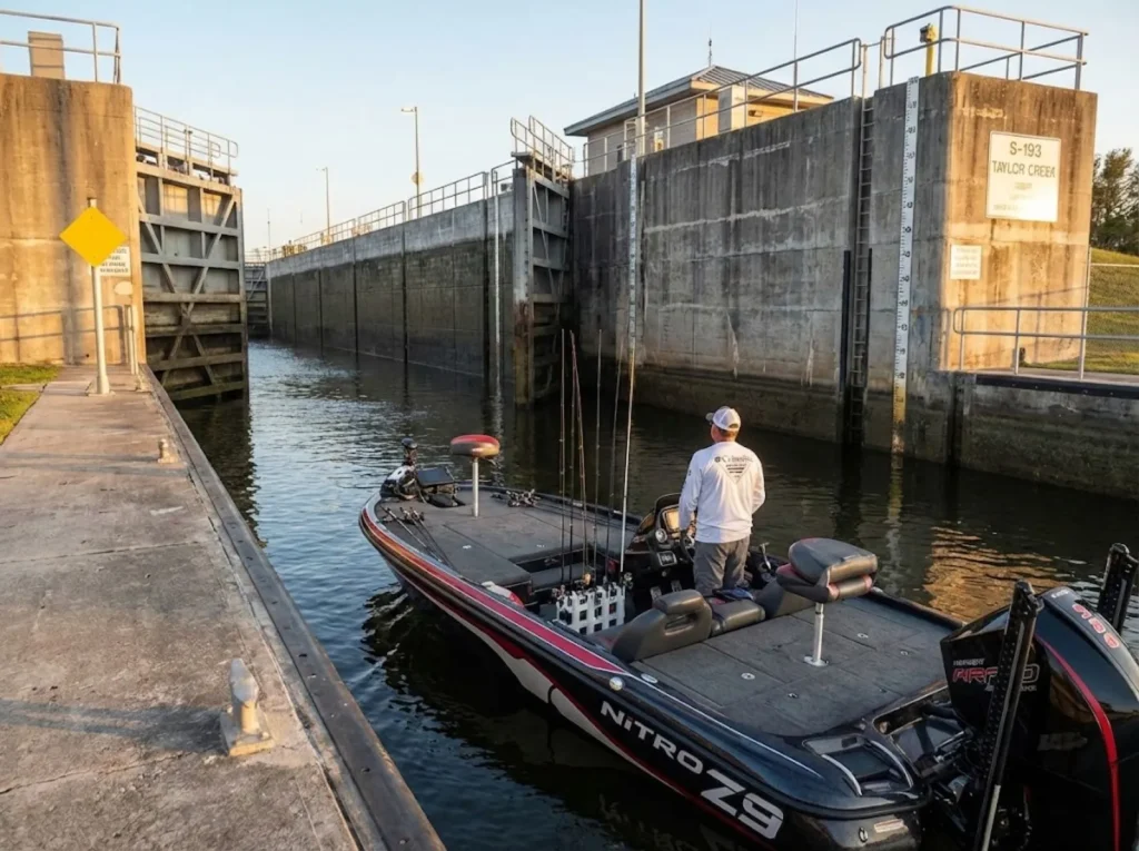 Bass boat approaching Lake Okeechobee boat lock at low water level showing NGVD markers