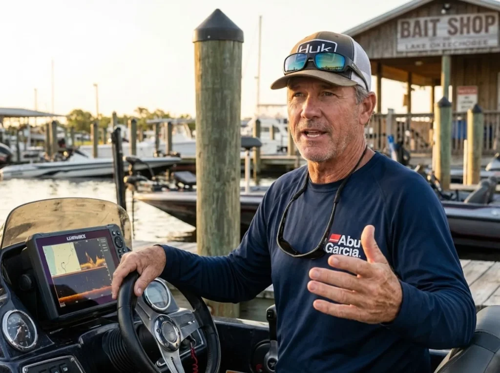 Experienced fishing guide explaining strategy at his boat console on a Lake Okeechobee marina dock