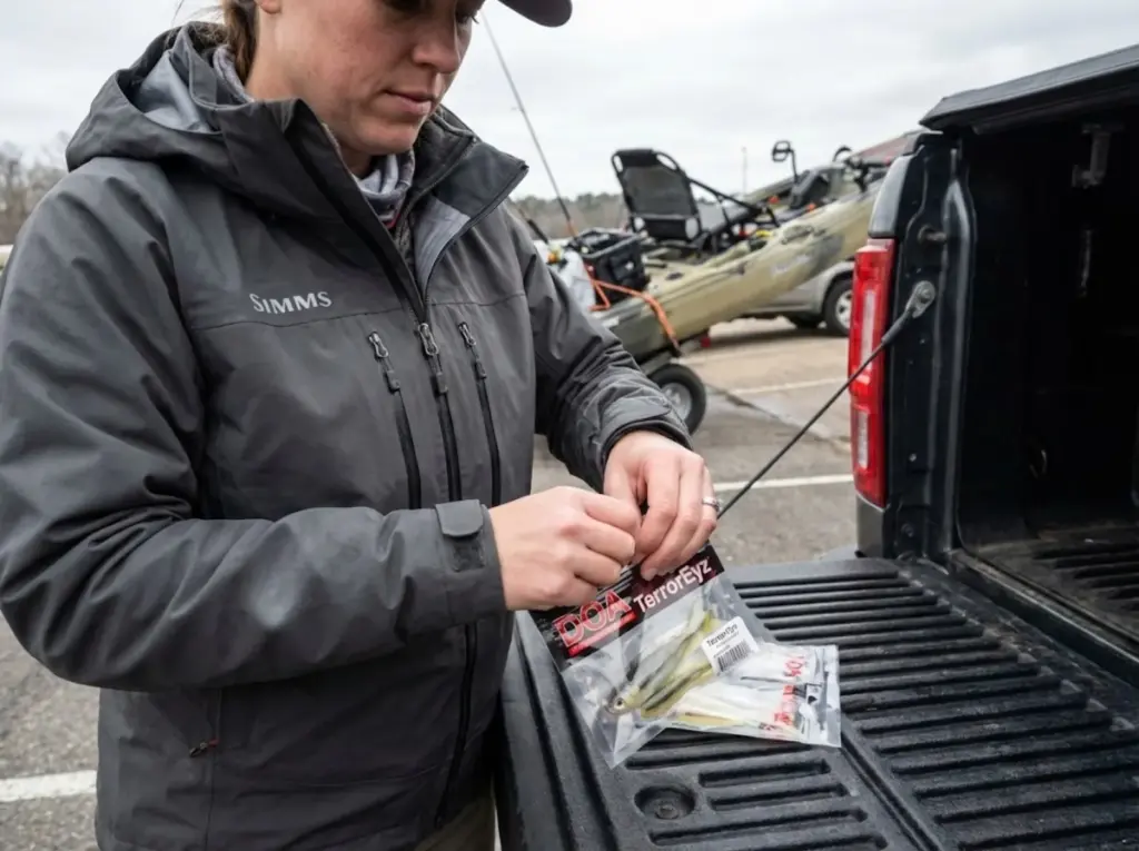 Angler sealing soft plastic lure in original factory packaging for proper storage 