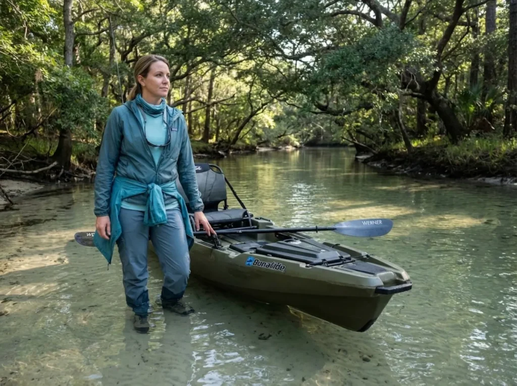 Female angler surveying shallow creek mouth with Bonafide paddle kayak before launching
