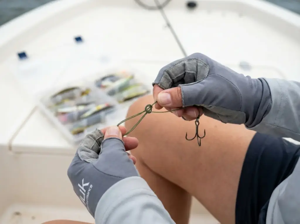 Close-up of angler hands tying Palomar fishing knot with braided line
