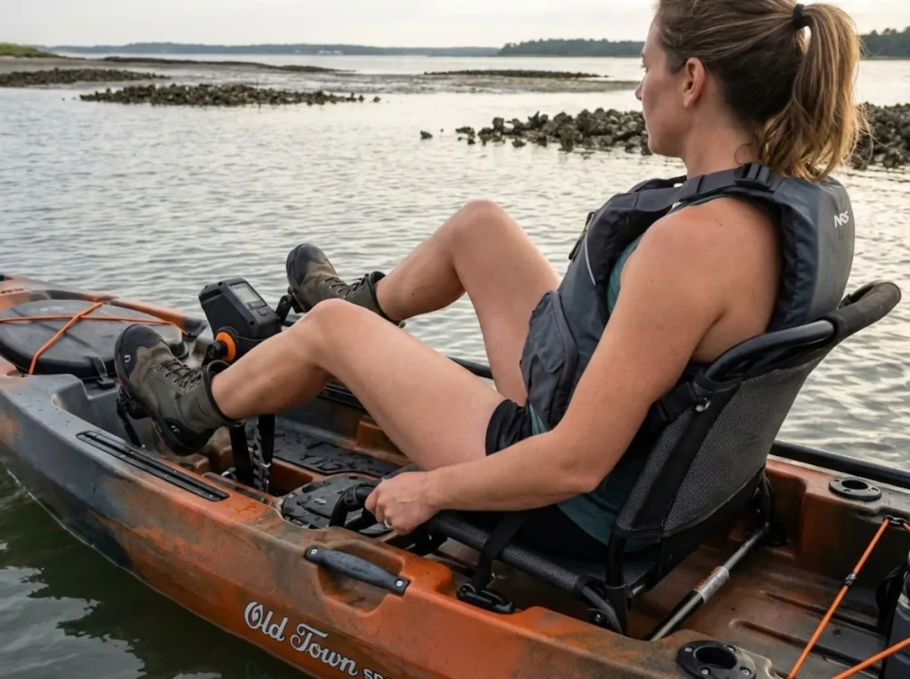 Female angler pedaling Old Town kayak showing leg position and drive mechanism