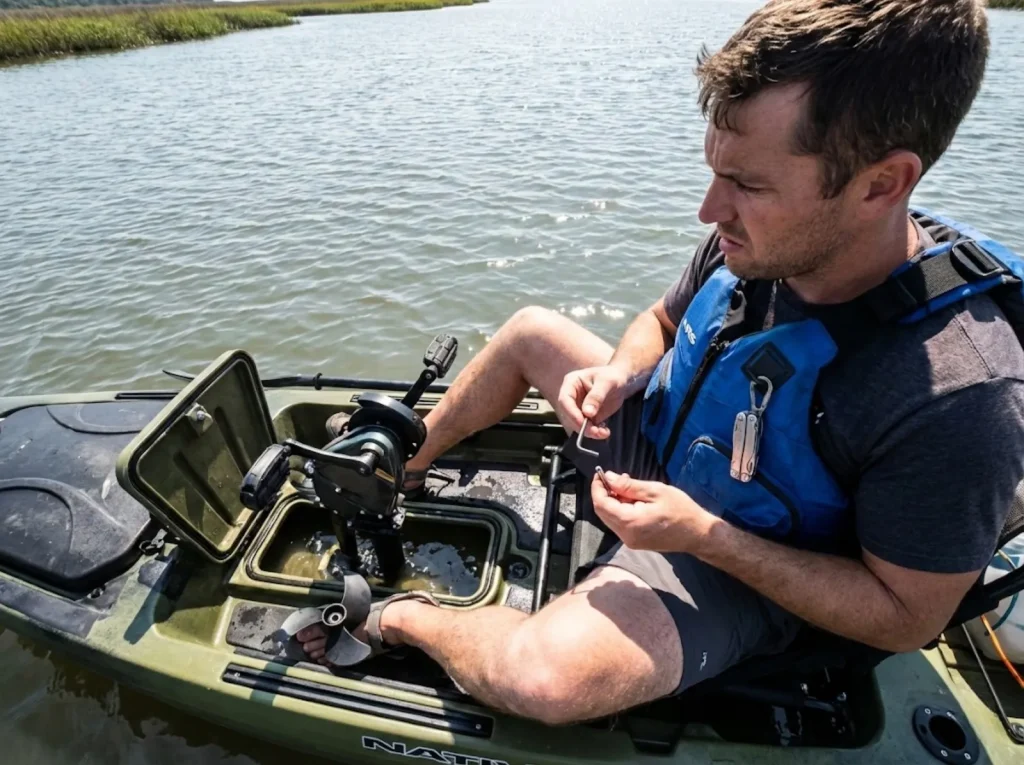 Angler performing emergency shear pin repair on pedal drive kayak mid-estuary