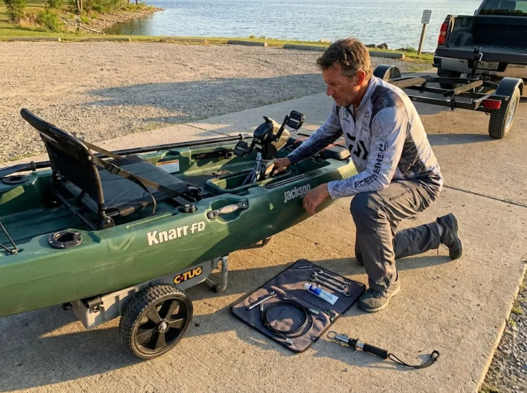 Angler inspecting pedal drive unit beside fully rigged Jackson kayak on boat ramp cart