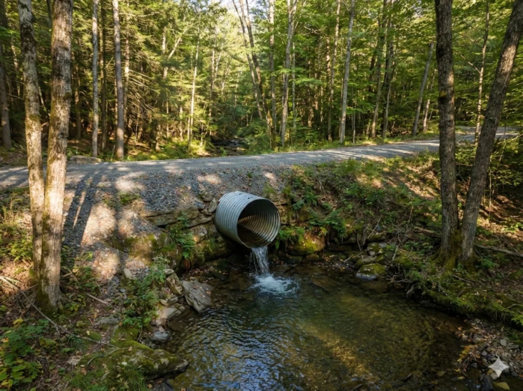 Perched culvert blocking brook trout passage at forest road stream crossing barrier