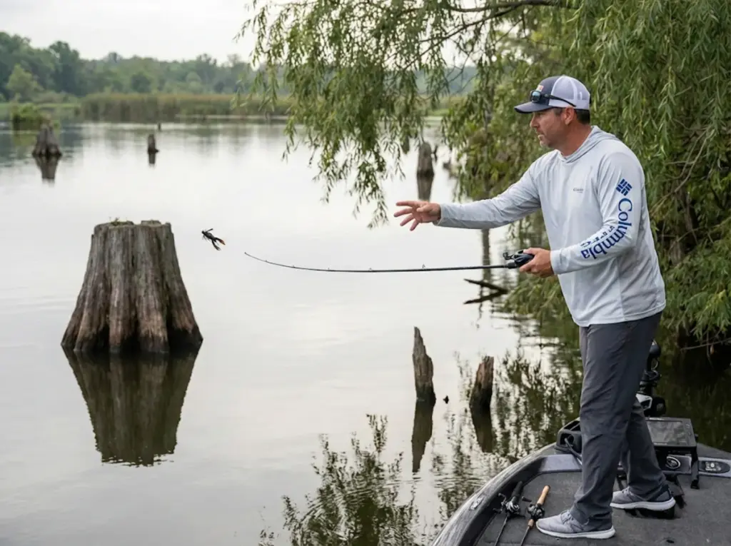 Bass angler pitching a jig toward a stump in shallow water with low trajectory