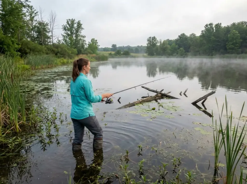 Angler wading in weedy pond casting toward structure at dawn