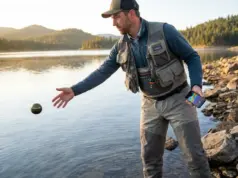 Best Portable Fish Finders for Bank Fishing (2026 Tested) Bank angler casting portable fish finder from rocky shoreline at dawn