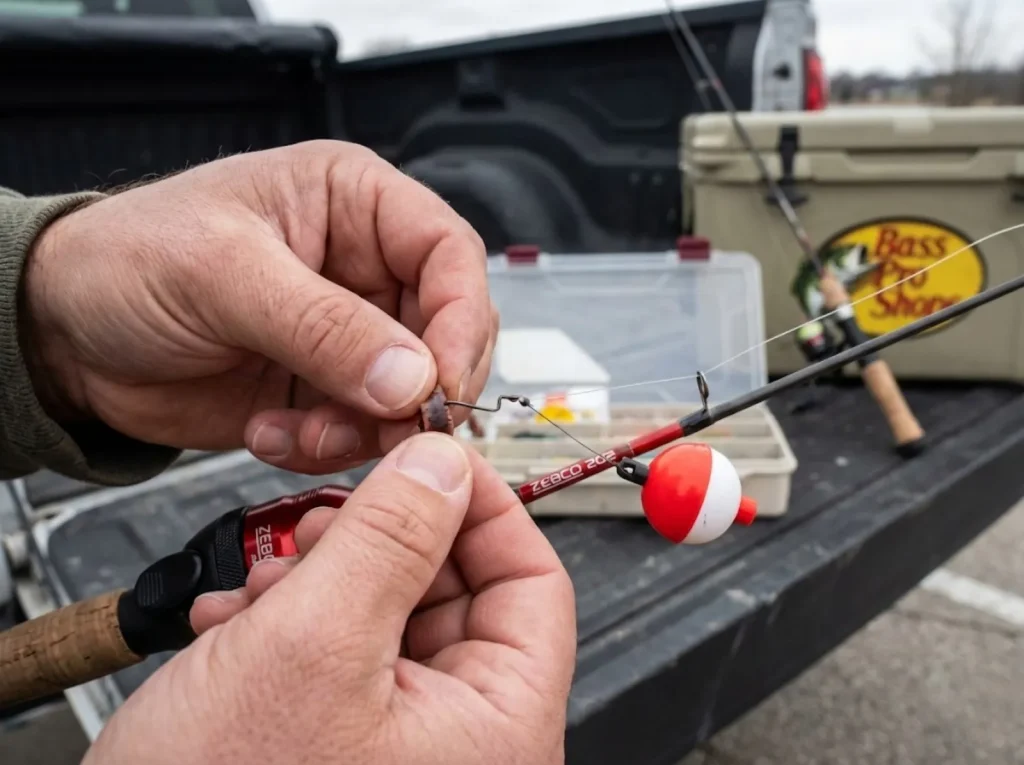 Adult hands pre-rigging a kids fishing rod with nightcrawler and bobber to prevent frustration