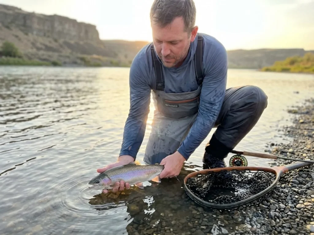 Fly angler holding rainbow trout in wet hands underwater for proper catch-and-release handling