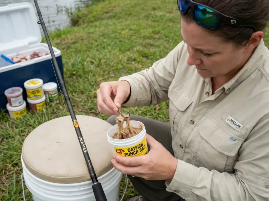 Angler loading CJ's punch bait on treble hook for pond catfishing