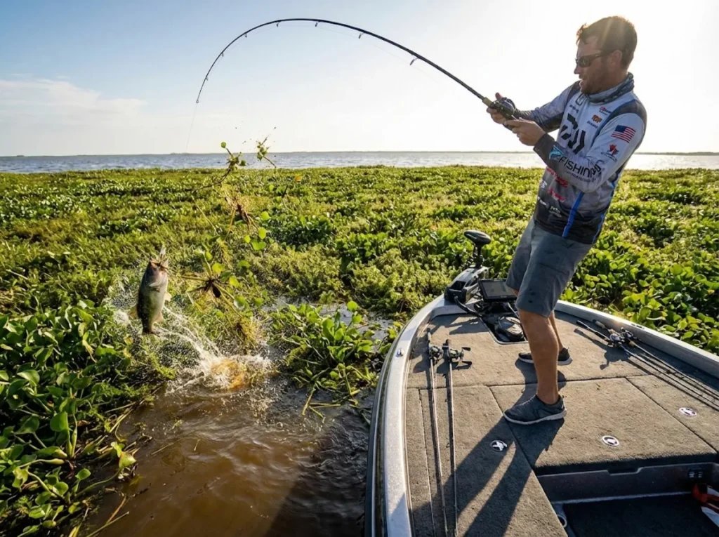 Angler setting hook while punching bass through thick hydrilla mat on Lake Okeechobee 