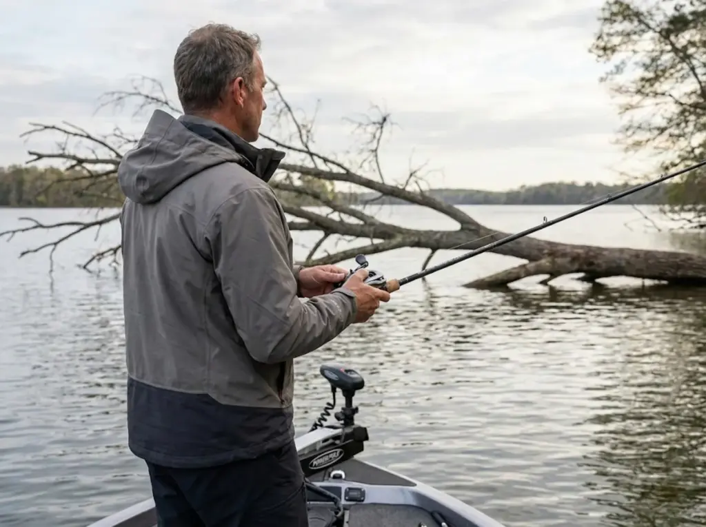 Bass angler reading laydown tree structure before flipping with Power Pole deployed