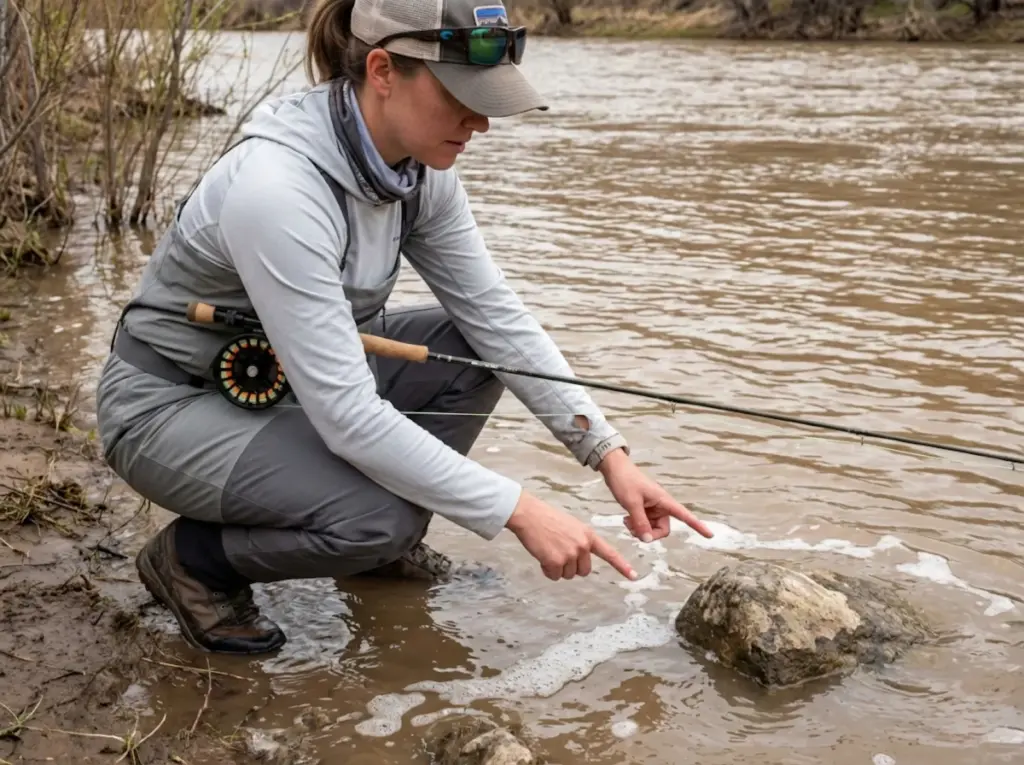 Angler reading water structure and foam lines during spring runoff conditions