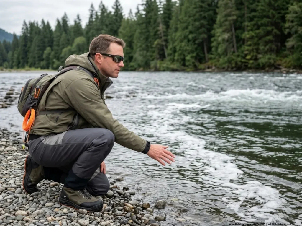 Angler kneeling on gravel bar reading river current seams and surface vs subsurface flow patterns