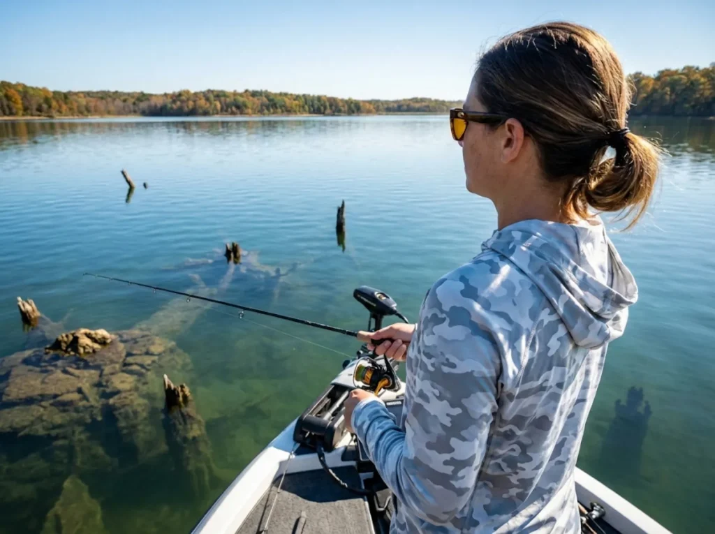 Angler reading clear water conditions on a high-pressure bluebird day scanning for bass structure