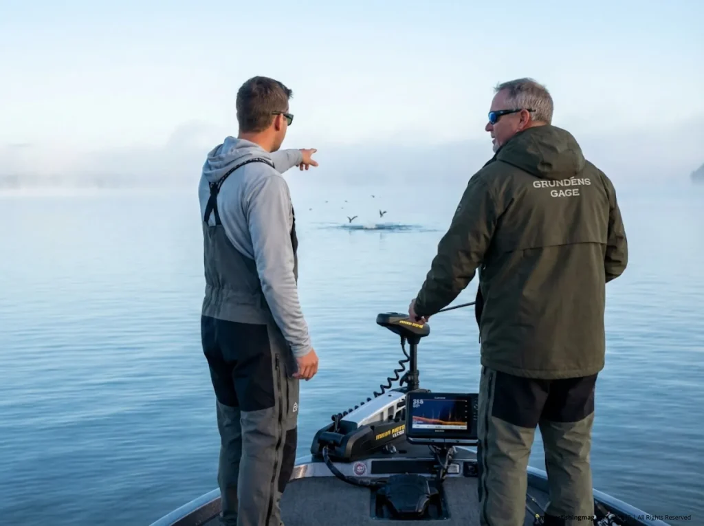 Two anglers on a bass boat spotting a wiper surface boil with diving birds in the distance