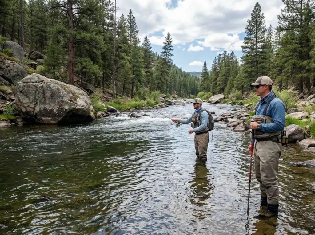 Two fly fishermen maintaining proper river spacing etiquette on mountain stream