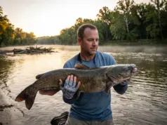How I Finally Cracked the River Flathead Code Angler holding a large flathead catfish at dawn on a river bend with an Abu Garcia reel visible