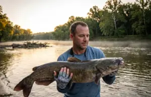 How I Finally Cracked the River Flathead Code Angler holding a large flathead catfish at dawn on a river bend with an Abu Garcia reel visible
