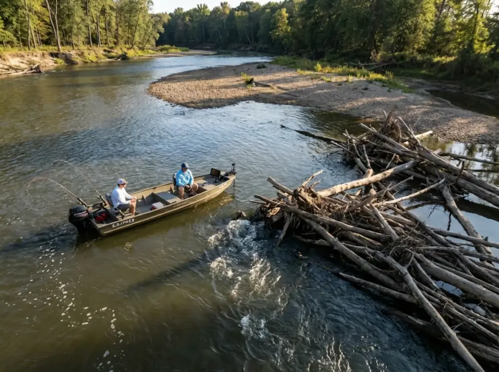 River outside bend showing log jam and current seams with anglers fishing from an anchored boat near deep structure