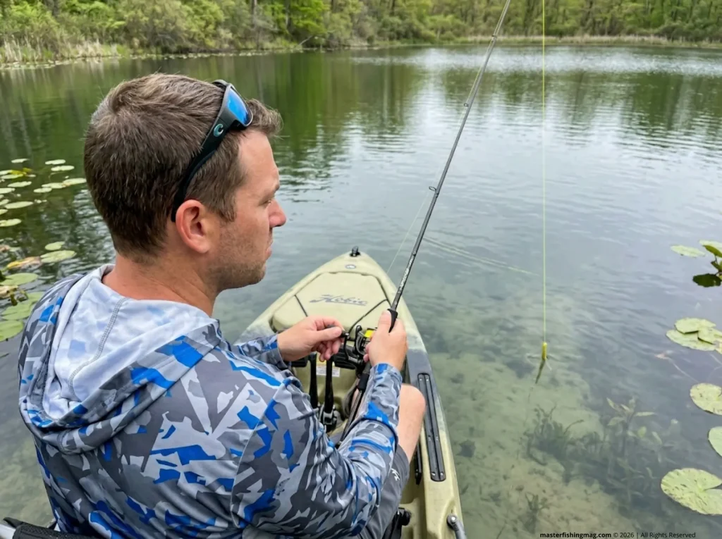 Angler on kayak missing subtle line movement while watching rod tip on clear pond