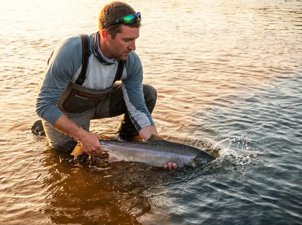 Angler releasing resilient Atlantic salmon that swims away strongly despite warm water conditions