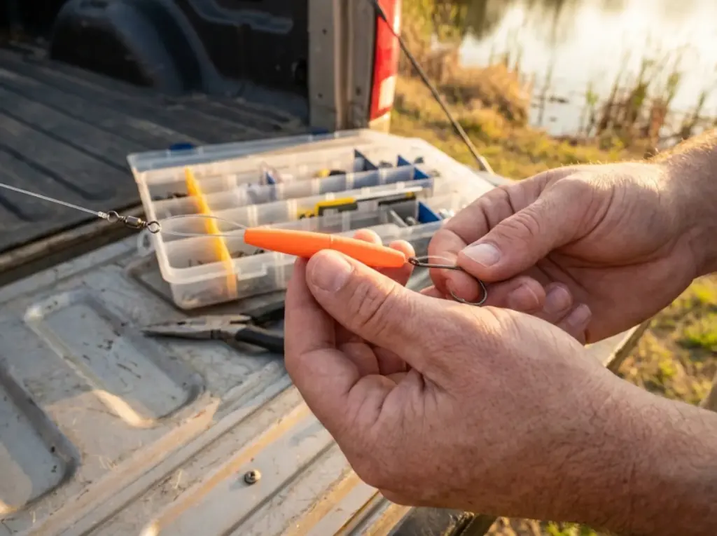 Angler hands rigging Santee Cooper catfish rig with peg float