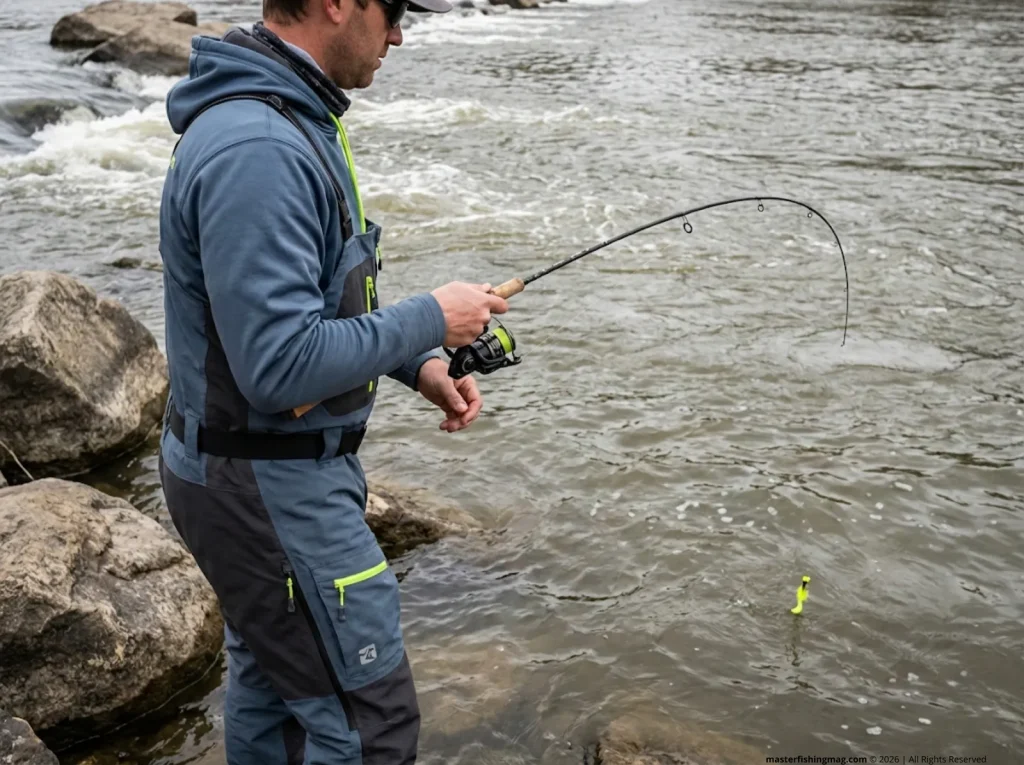 Angler slow-rolling chartreuse jig along river bottom with sauger tactics from rocky bank