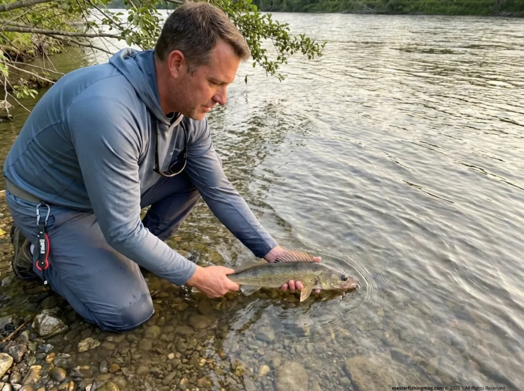 Angler carefully releasing sauger into river current supporting catch-and-release conservation