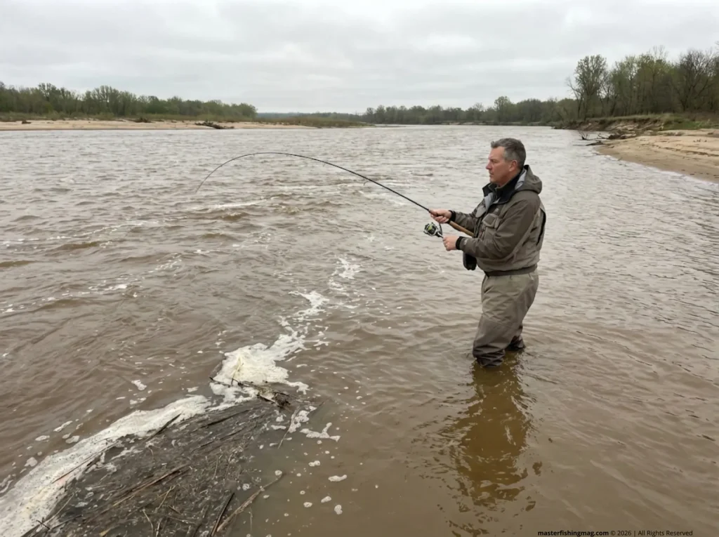 Wade angler casting to current seam in turbid Midwest river targeting sauger holding in fast water