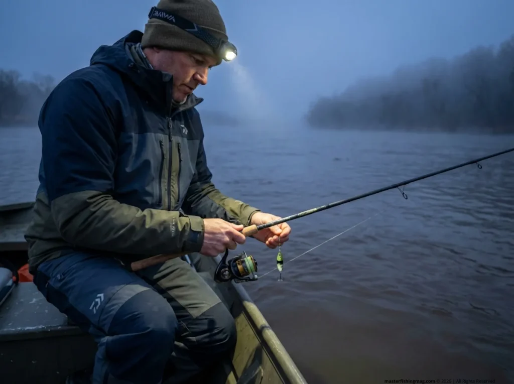 Pre-dawn sauger angler vertically jigging blade bait in turbid river using low-light eye advantage
