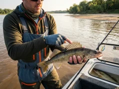 Why Your Walleye Tactics Fail on Sauger Every Time Angler displaying sauger catch on turbid river, pointing to dorsal fin spots that distinguish it from walleye