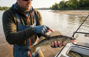 Why Your Walleye Tactics Fail on Sauger Every Time Angler displaying sauger catch on turbid river, pointing to dorsal fin spots that distinguish it from walleye