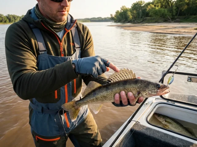 sauger-vs-walleye-id-dorsal-fin-river Angler displaying sauger catch on turbid river, pointing to dorsal fin spots that distinguish it from walleye