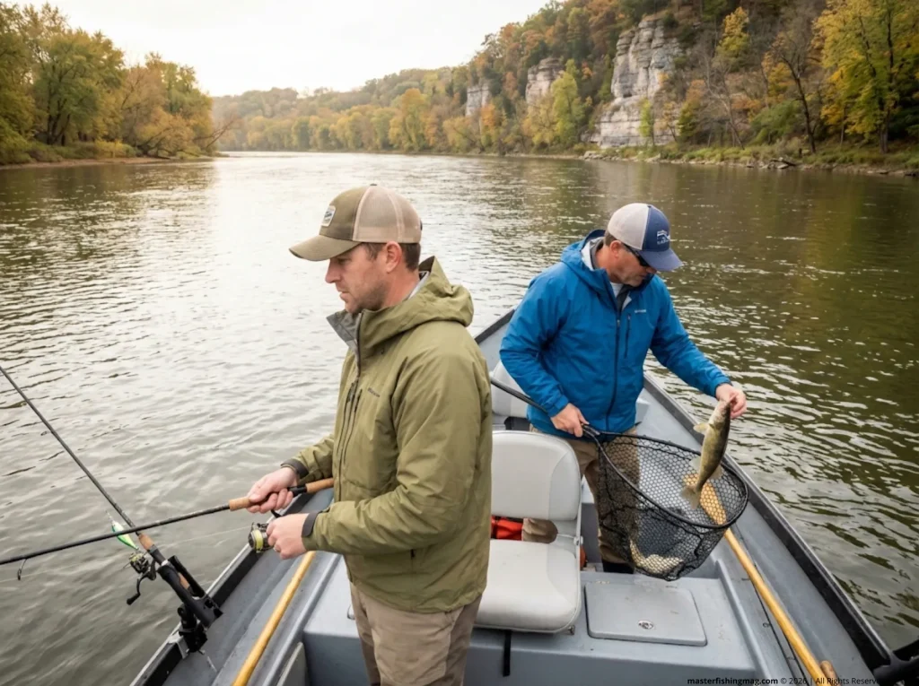 Two anglers in drift boat catching sauger and walleye on same river run using different tactics