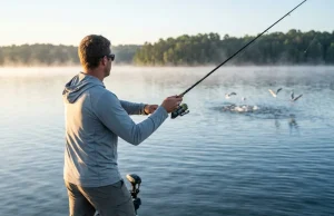 Stop Chasing Boils and Start Catching Schooling White Bass Angler casting spinning rod toward schooling white bass surface boil at dawn on a reservoir