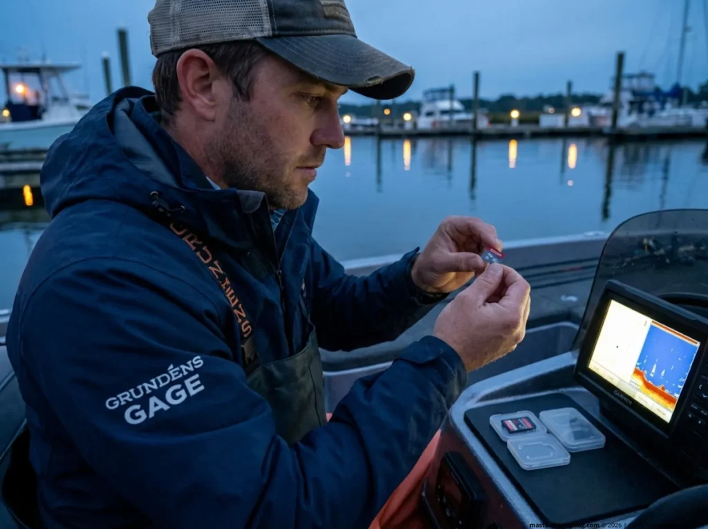 Angler holding a SanDisk microSD card before backing up fish finder waypoints at dock
