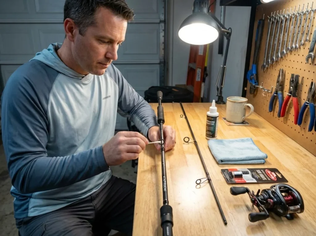 Angler testing rod guide inserts with cotton swab during seasonal maintenance