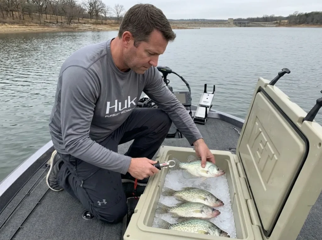 Selective harvest of deep-water crappie on ice with RokLees descending device on boat