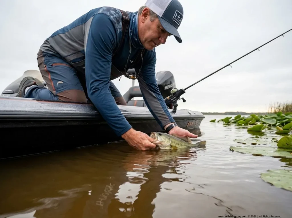 Angler releasing a small largemouth bass at waterline on a Texas catch-and-release reservoir