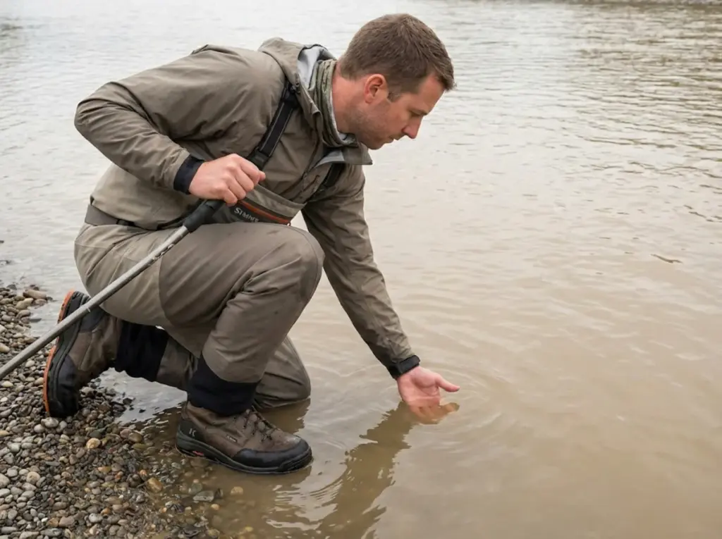 Angler testing water visibility with hand submerged in muddy runoff water
