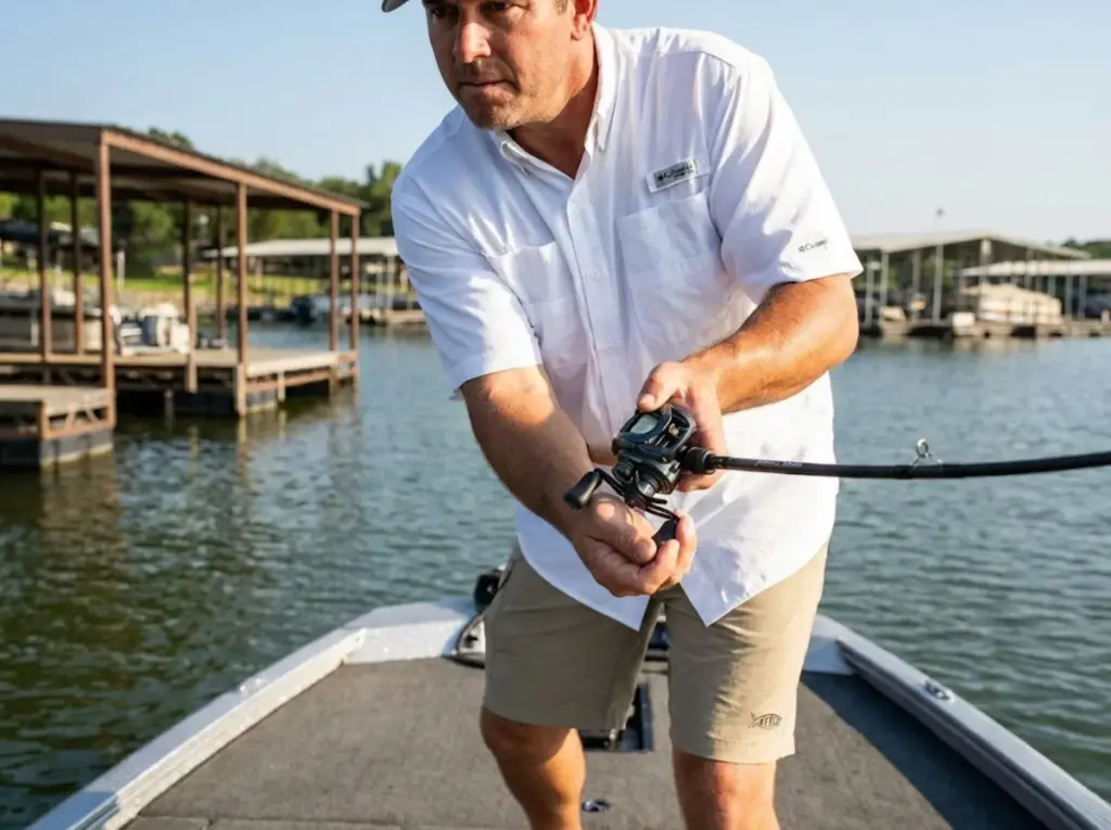 Angler demonstrating proper skip-cast rod position and release angle
