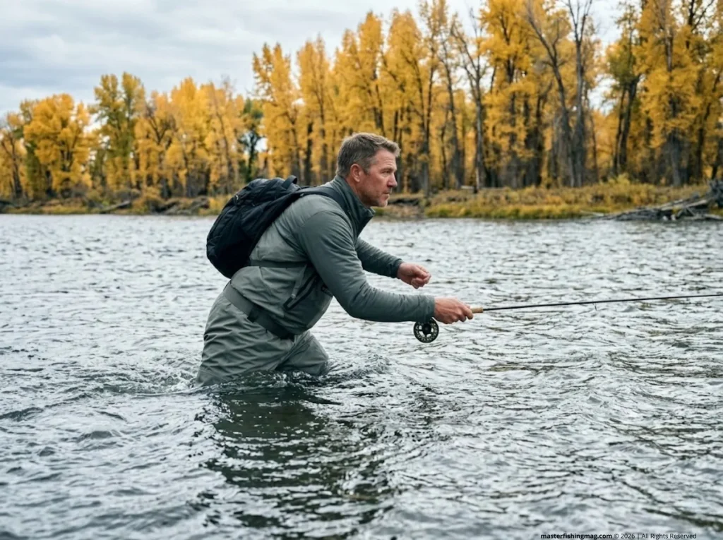 Wade fishing guide deep river crossing, Patagonia sling pack riding high above waterline, fall cottonwoods