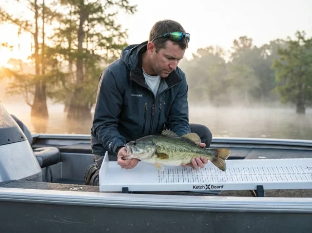 slot-limit-bag-limit-measuring-bass Angler measuring largemouth bass on bump board to check slot limit compliance