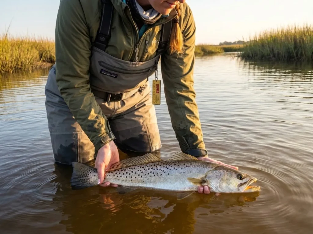Angler releasing large speckled trout back into salt marsh to protect spawning stock