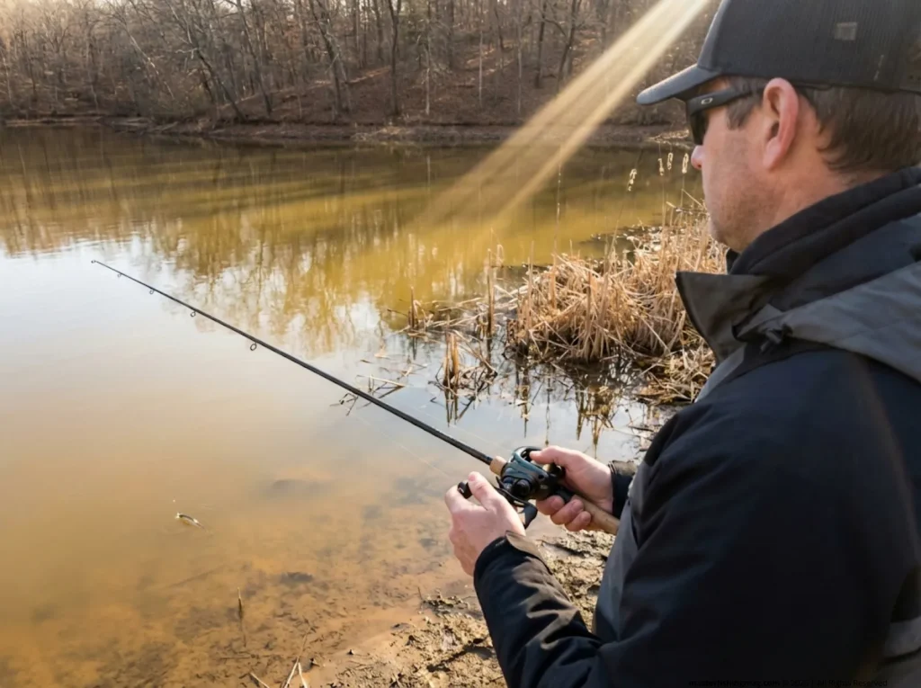 Angler using slow retrieve technique with suspending jerkbait in winter cold water — winter bass fishing tactics