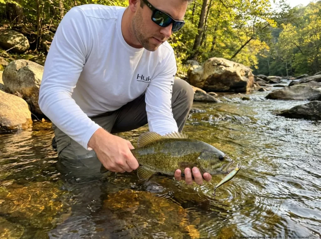 Angler releasing a smallmouth bass with a Megabass jerkbait in its lip on a rocky clear river, species-specific cadence result